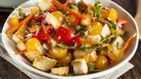 Homemade Panzanella Salad with Bread Crumbs, Tomatoes and Carrots