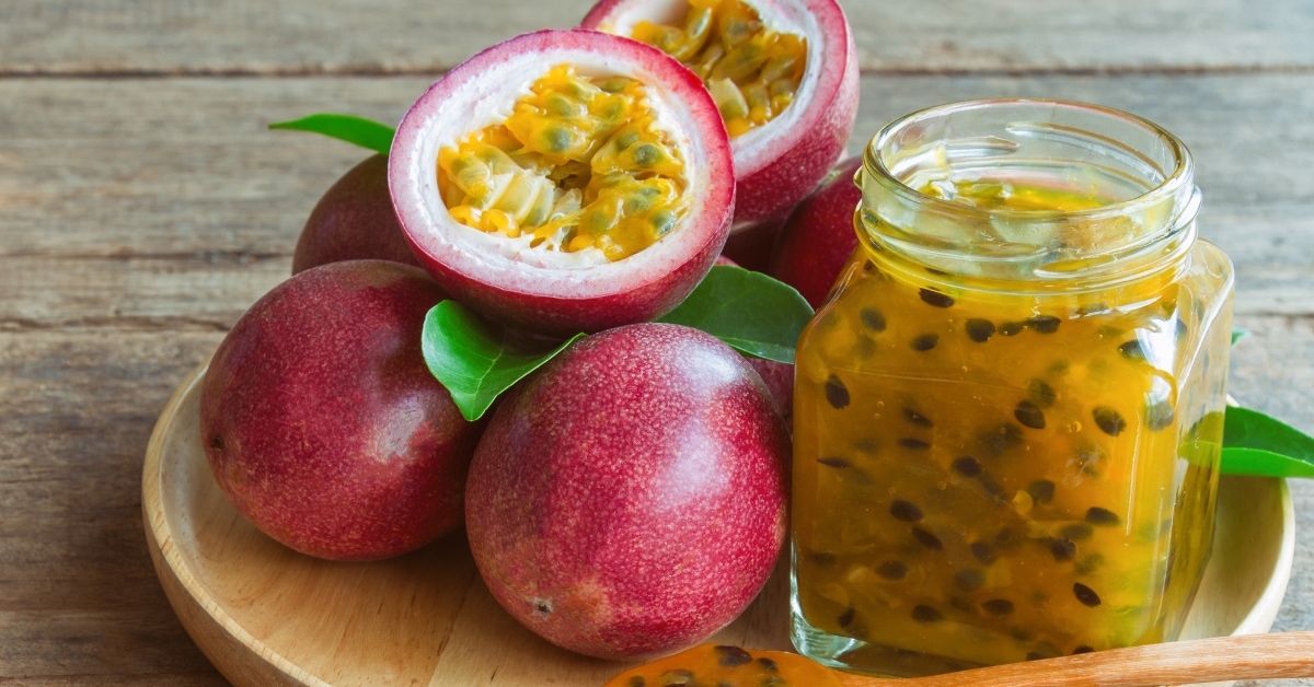 Passion Fruit in a Glass Jar with Fresh Fruits
