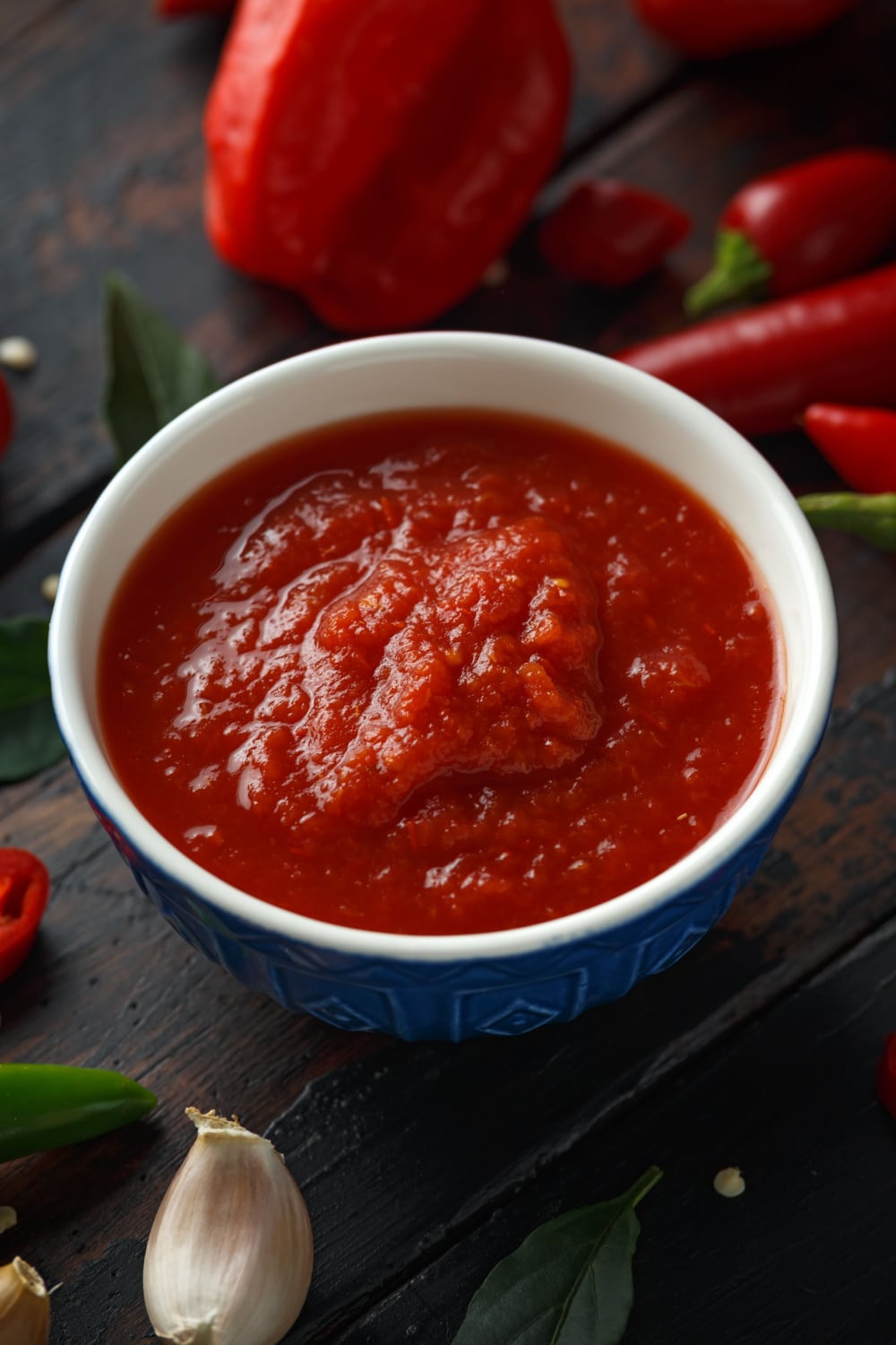 Red Chili Sauce in blue bowl