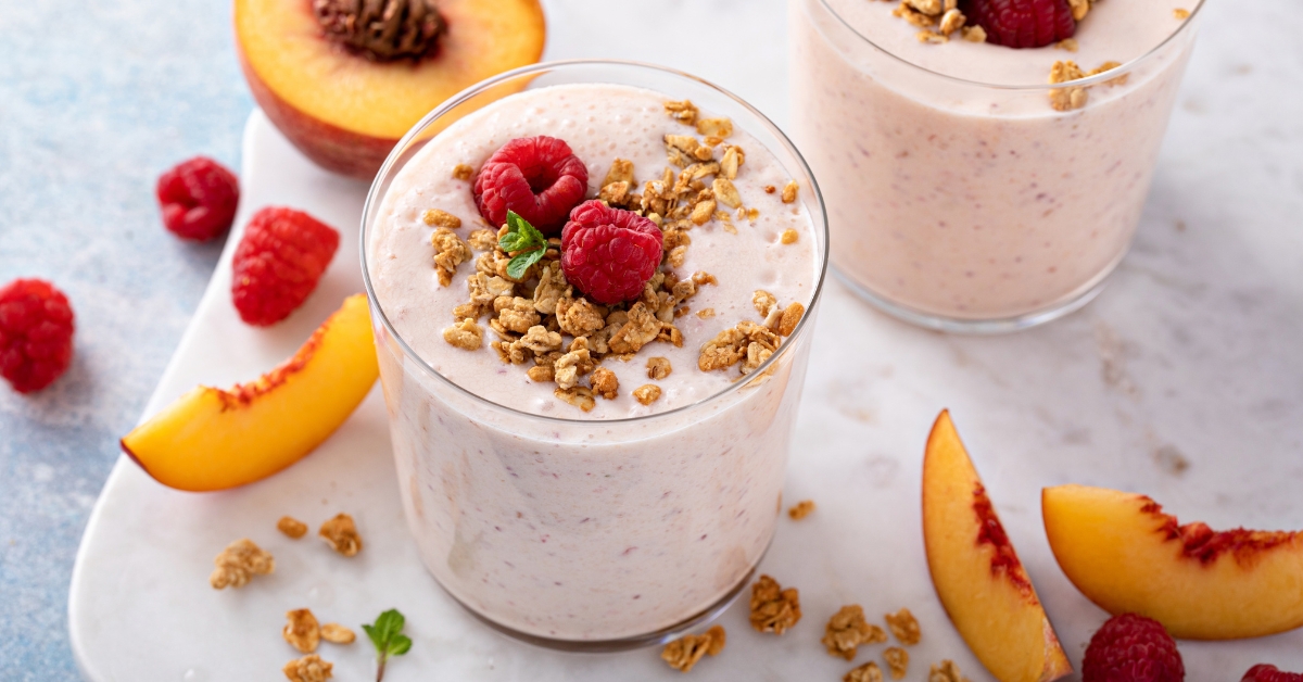 Refreshing Homemade Smoothie with Raspberries, Pear and Granola