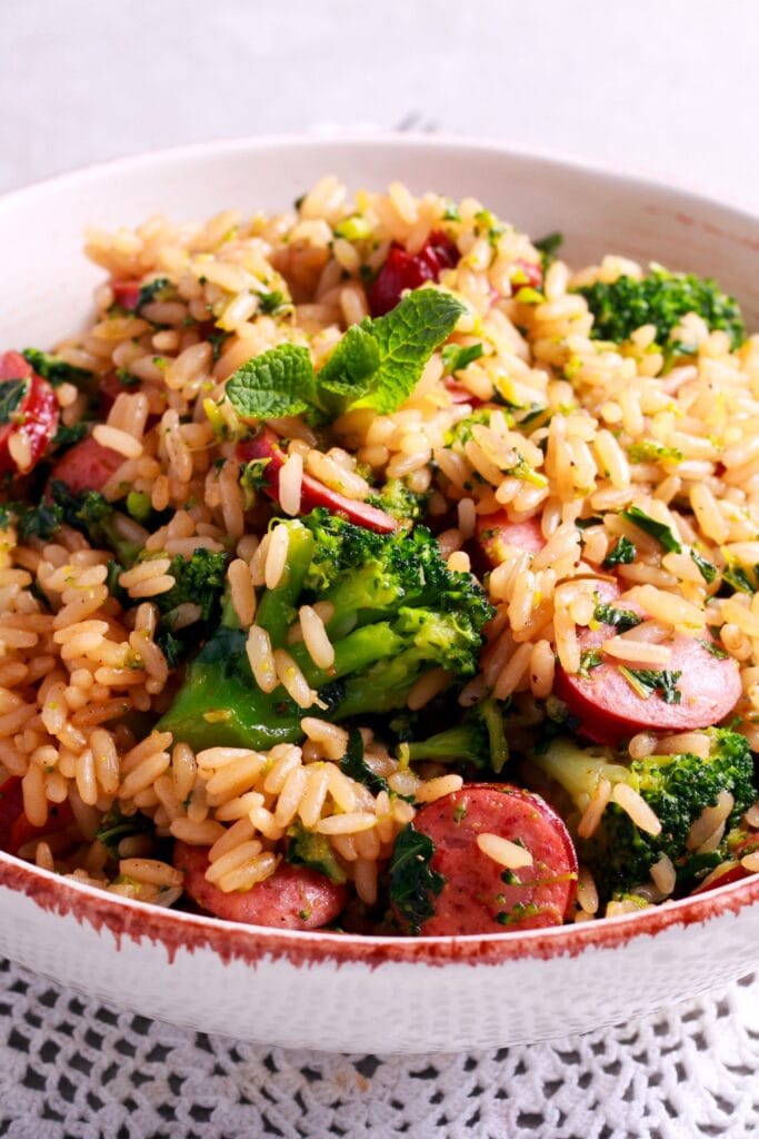Sausage and Rice with Broccoli in a Bowl