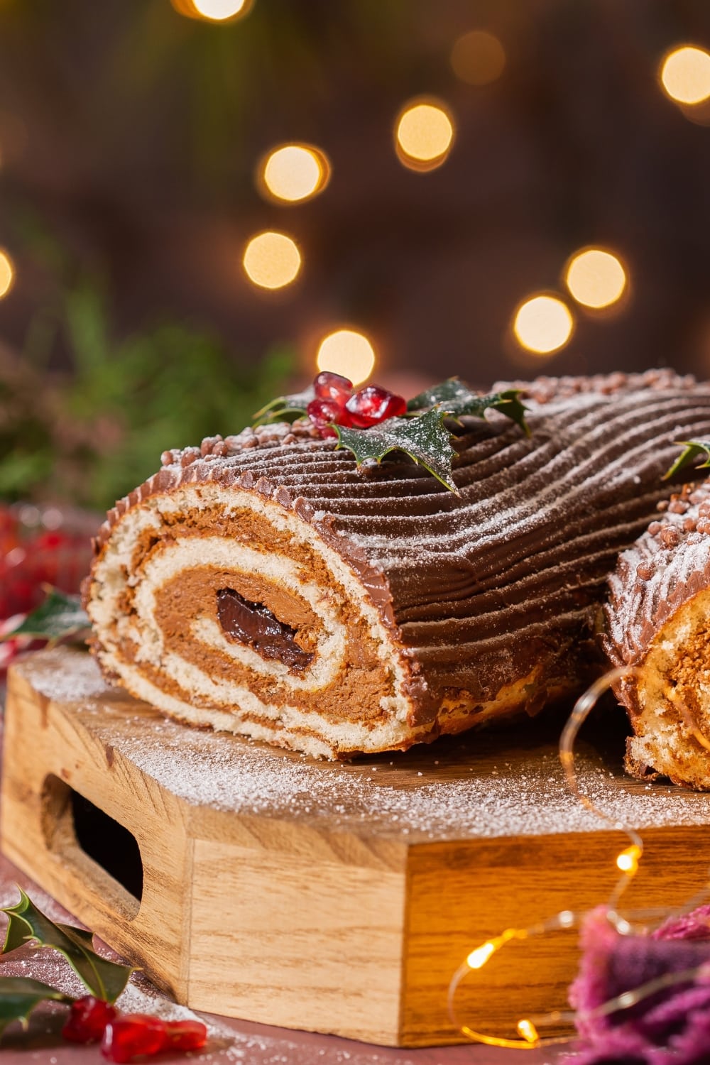 Sweet Chocolate Yule Log Cake or bûche de Noël