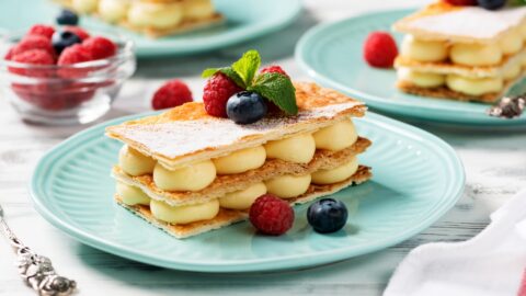 Sweet Homemade Mille Fuilles with Vanilla Pastry and Berries