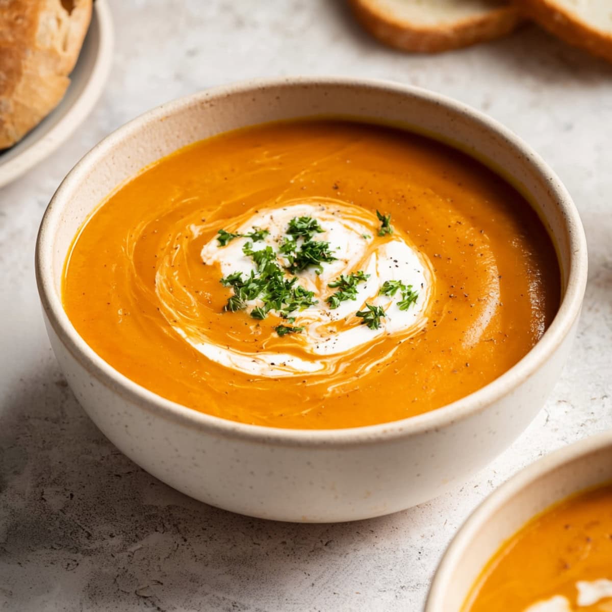 A bowl of creamy potato soup with bread on the side. - 5