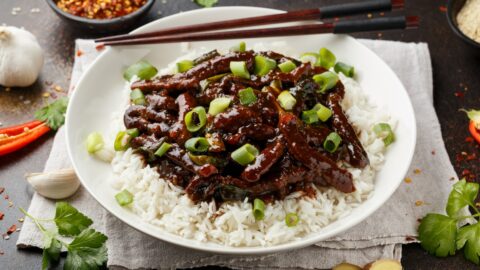 Tasty Mongolian Beef with Green Onions and Rice