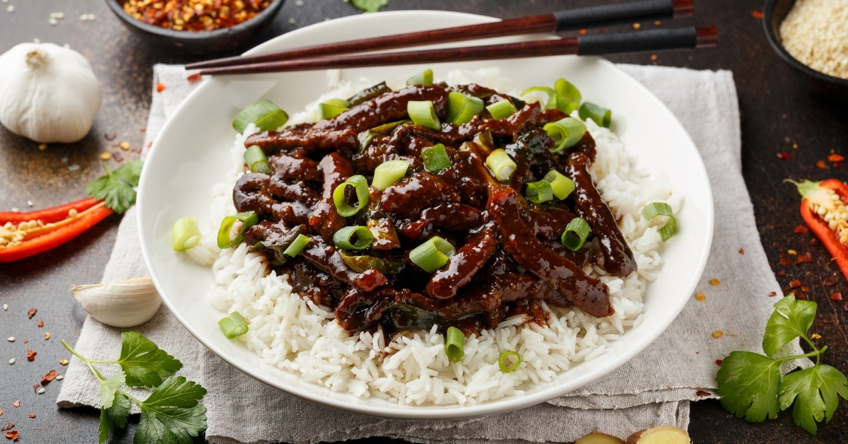 Tasty Mongolian Beef with Green Onions and Rice