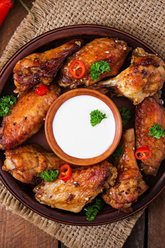 Teriyaki Chicken Wings top view with dipping sauce