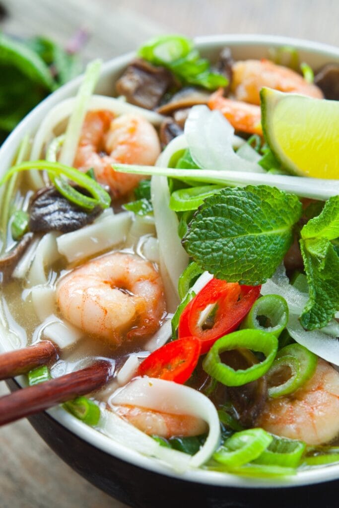 Vietnamese Pho Soup with Prawns and Vegetables