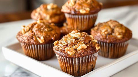 Banana Nut Muffins Stacked on a Square White Plate on a White Marble Table