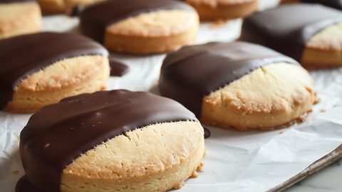 Chocolate-Dipped Shortbread Cookies On Parchment Paper