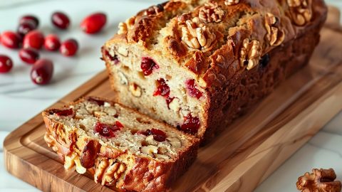 Loaf of Cranberry Orange Bread with a Slice Cut on a Wooden Cutting Board with Whole Cranberries and Walnuts