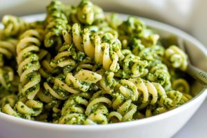 Close Up of Pesto Pasta in a White Bowl