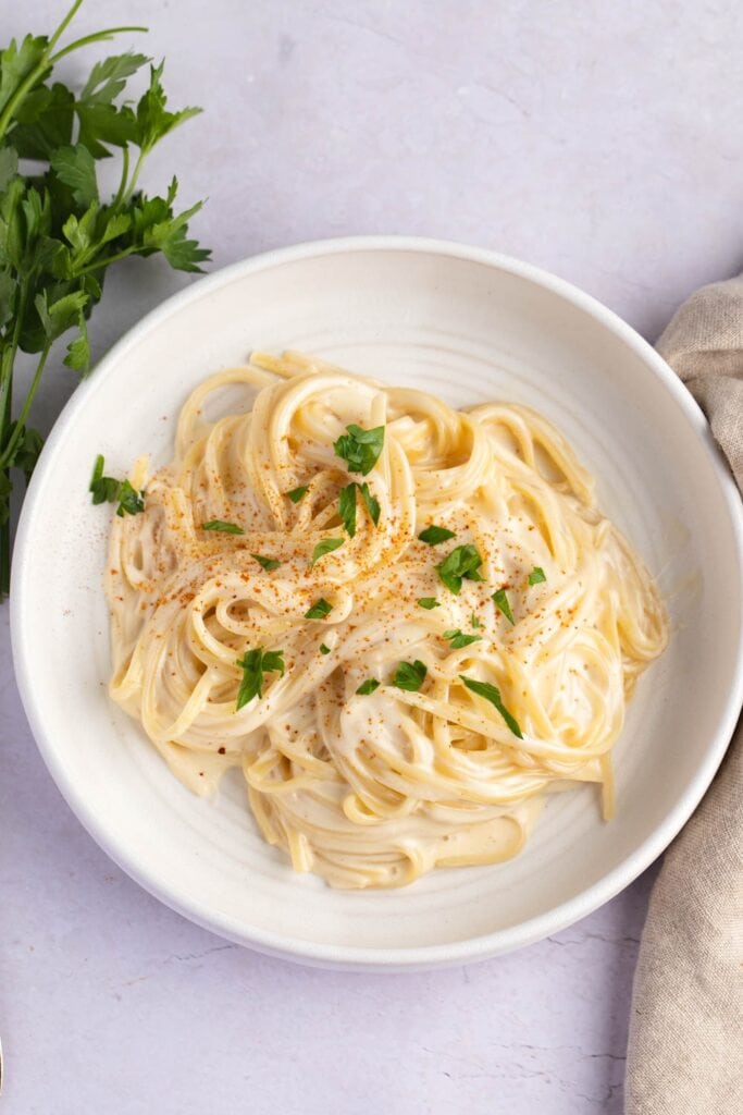 A Plate of Homemade Creamy Noodles Romanoff with Parsley