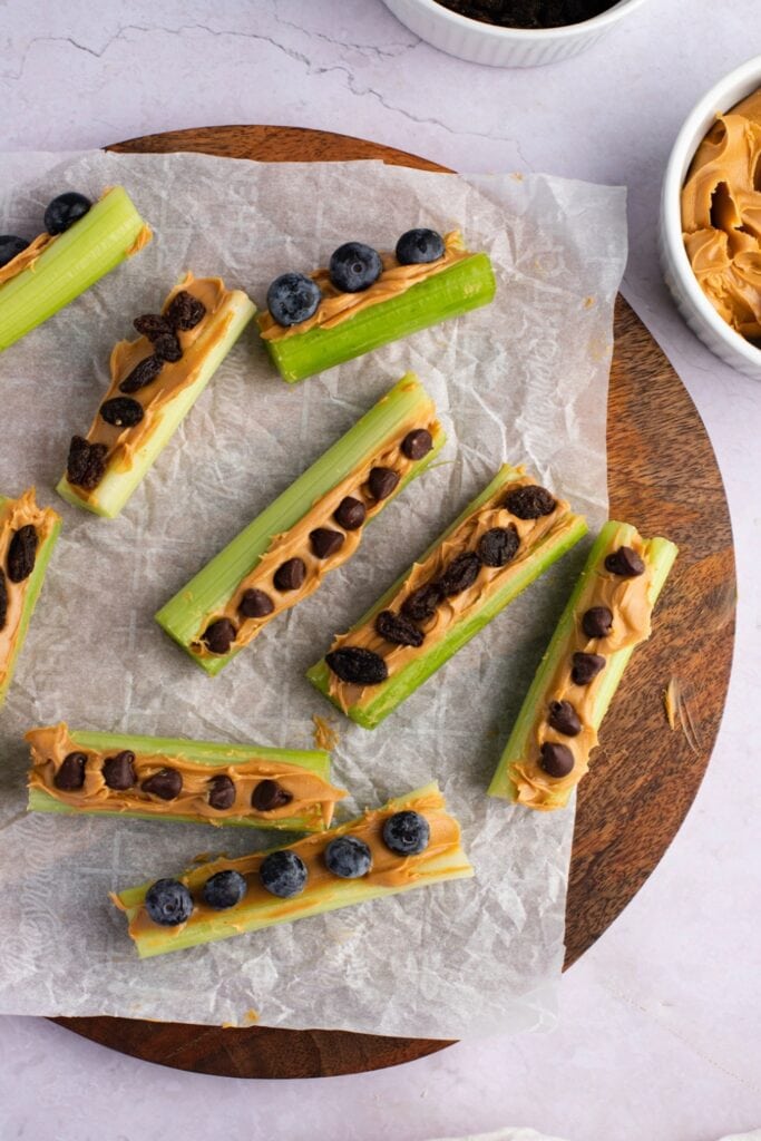 Ants on a Log Celery Peanut Butter, Blueberries, Chocolate Chips and Raisins