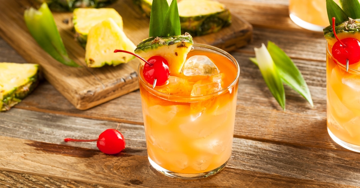 Boozy Mai Tai Cocktail with Cherry, Pineapple, Rum and Ice