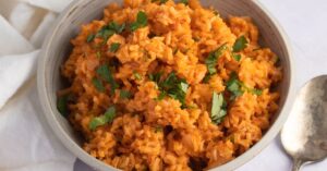 Bowl of Homemade Mexican Red Rice or Arroz Rojo with Cilantro
