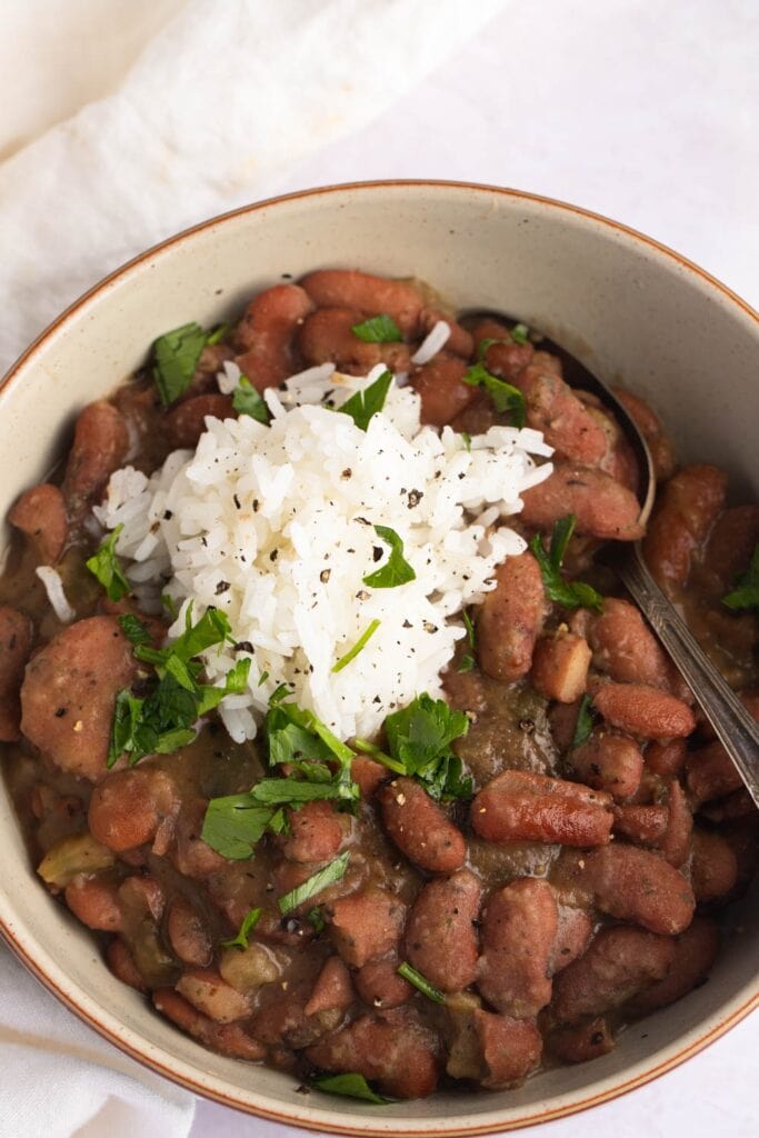 Bowl of Homemade Red Beans and Rice with Sausage and Herbs