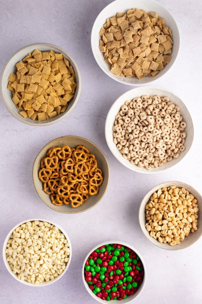 Christmas Trash Ingredients - Chex Cereal, Cheerios, Pretzels, Salted Peanut and White Chocolate Chips