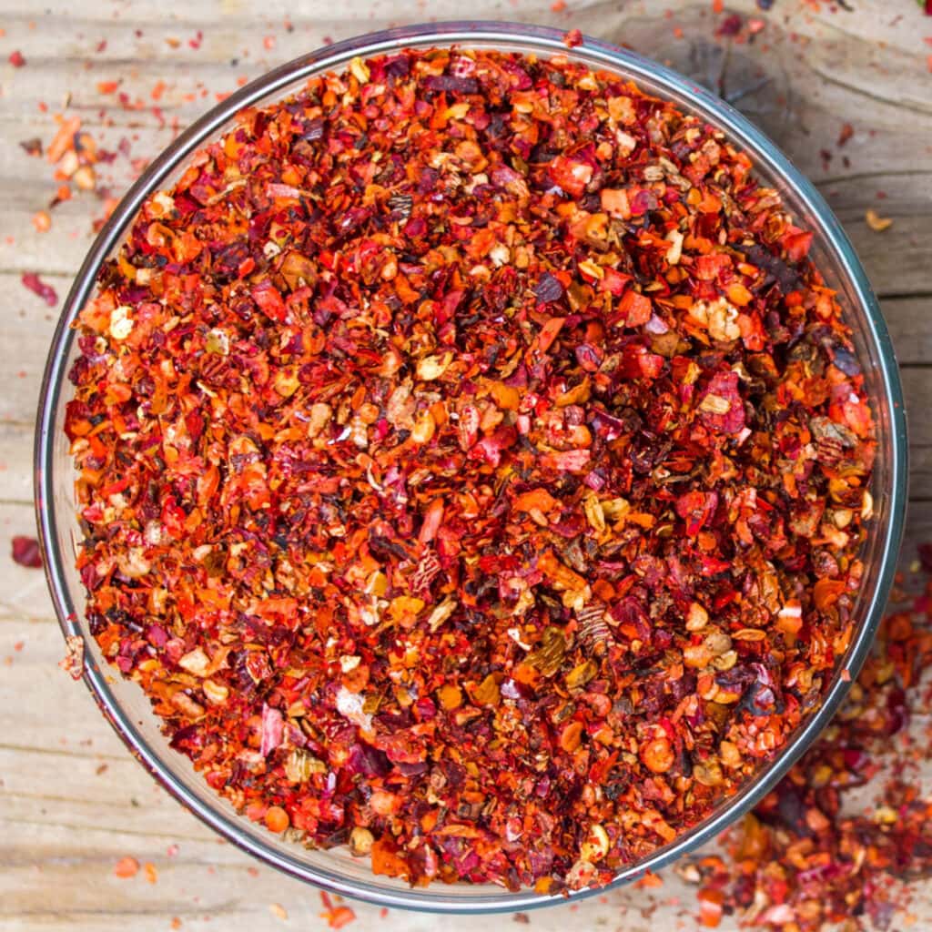 Crushed Red Pepper Flakes in a Glass Bowl