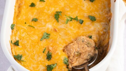 Delicious Homemade Texas Trash Dip with Refried Beans, Green Chiles and Cheese