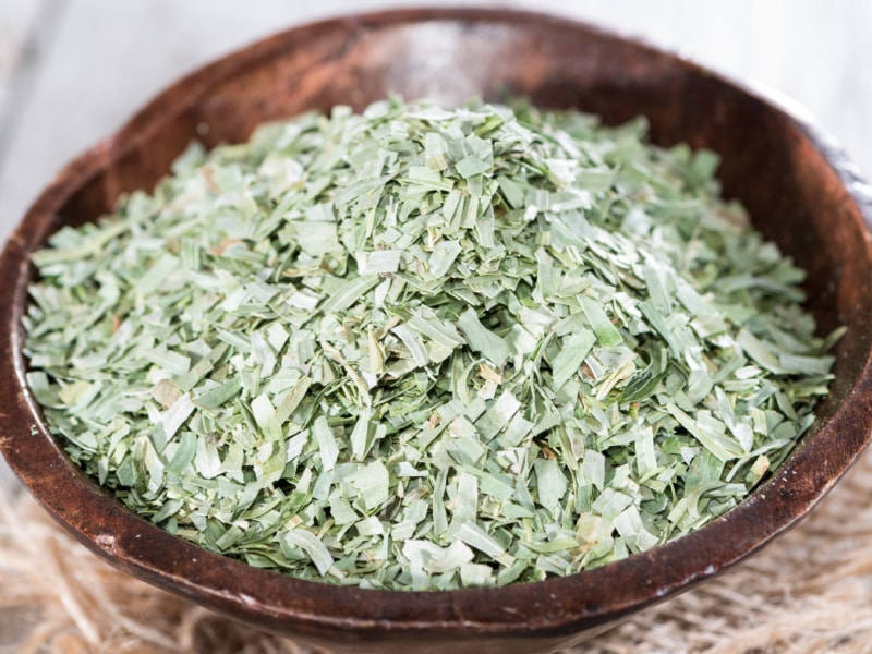 Dried Tarragon in a Wooden Bowl