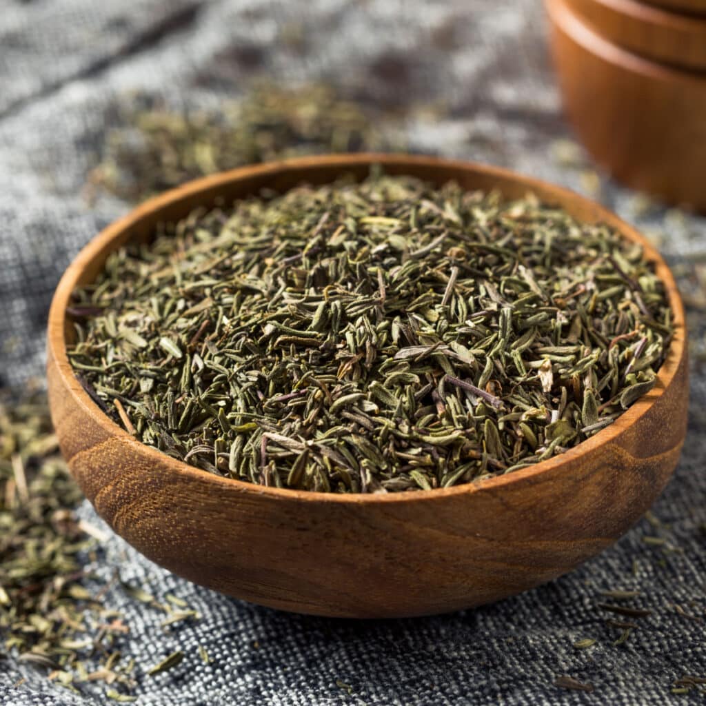 Dried Thyme on a Wooden Bowl