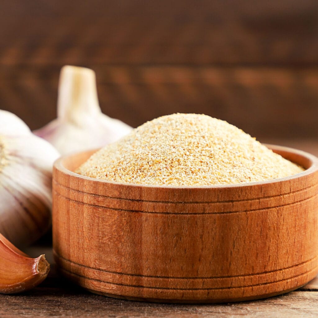 Garlic Powder on a Wooden Bowl