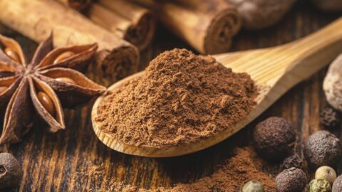 Ground Cinnamon in a Wooden Spoon