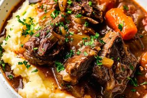 Super Close Up Guinness Beef Stew with Meaty Chunks of Succulent Beef, Carrots, and Parsley over Mashed Potatoes