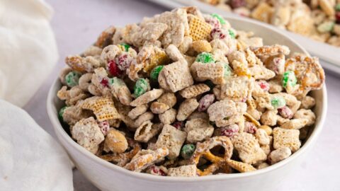 Homemade Christmas Trash with Cereal and Chocolate Chips in a Bowl