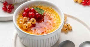 Homemade Creme Brulee in Ramekin with Decorated Berries