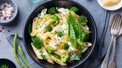 Homemade Pasta with Broccoli, Peas and Creamy Sauce