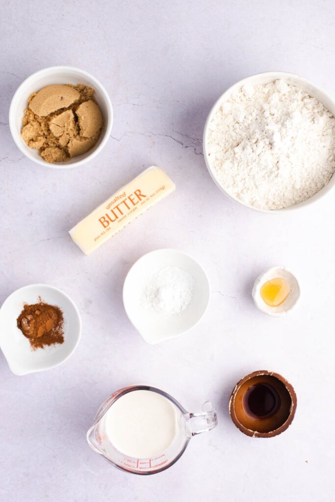 Lembas Bread ingredients: flour, baking powder, salt, butter, brown sugar, cinnamon, honey, cream, and vanilla