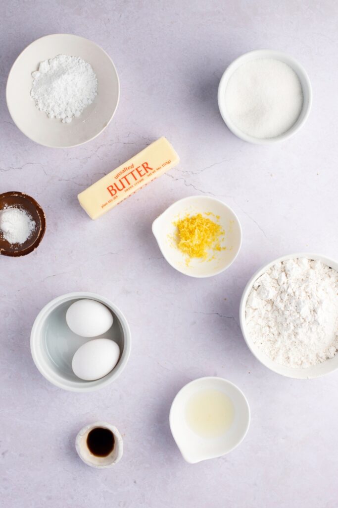 Lemon Cookies Ingredients - Flour, Lemon Juice, Vanilla Extract, Egg, Butter, Baking Powder, Salt and Sugar