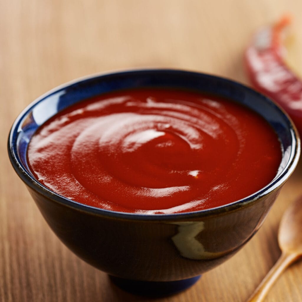 Liquid Hot Sauce on a Small Blue Dipping Dish