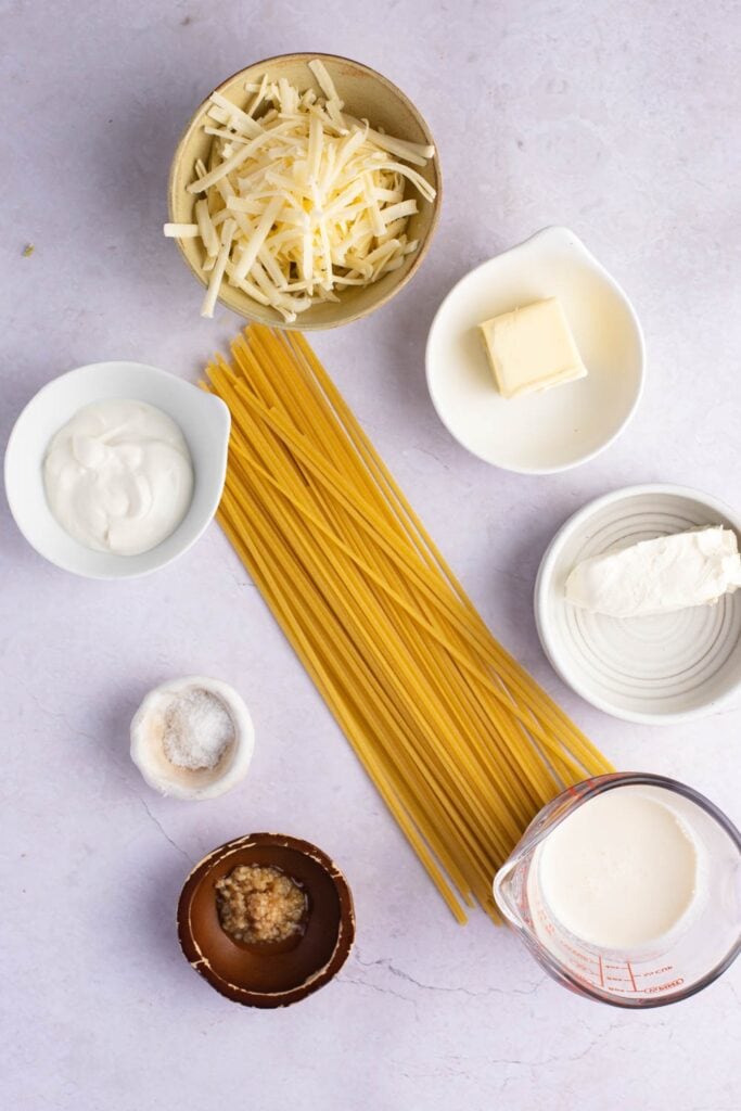 Noodles Romanoff - Noodles, Butter, Garlic, Salt, Cream Cheese, Heavy Cream, Sour Cream and Paprika