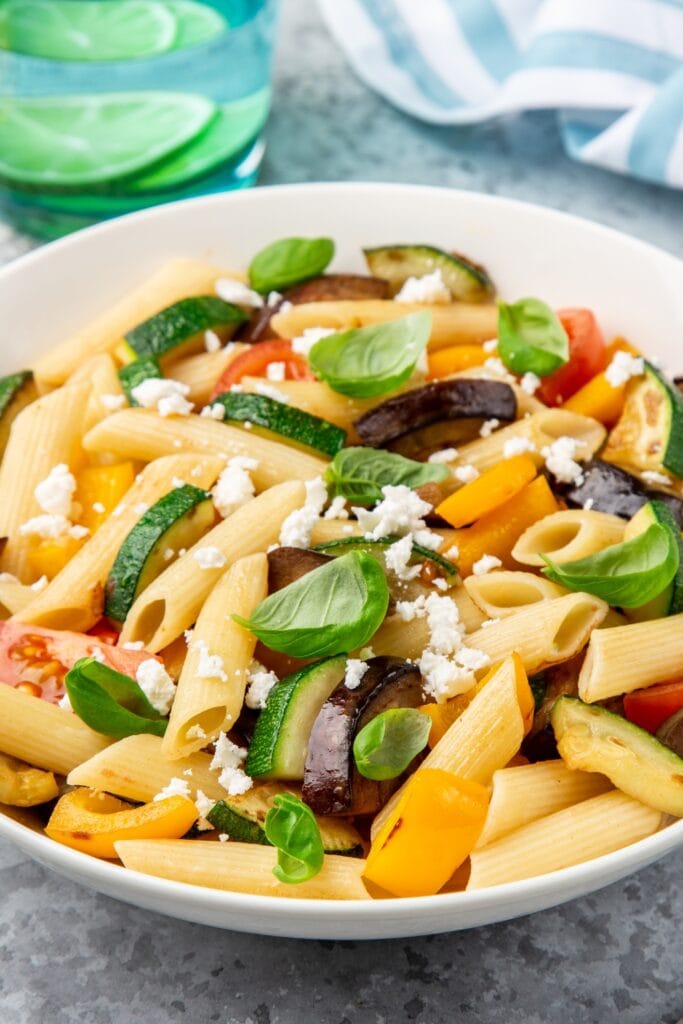 Pasta Salad with Grilled Eggplant, Zucchini and Tomatoes