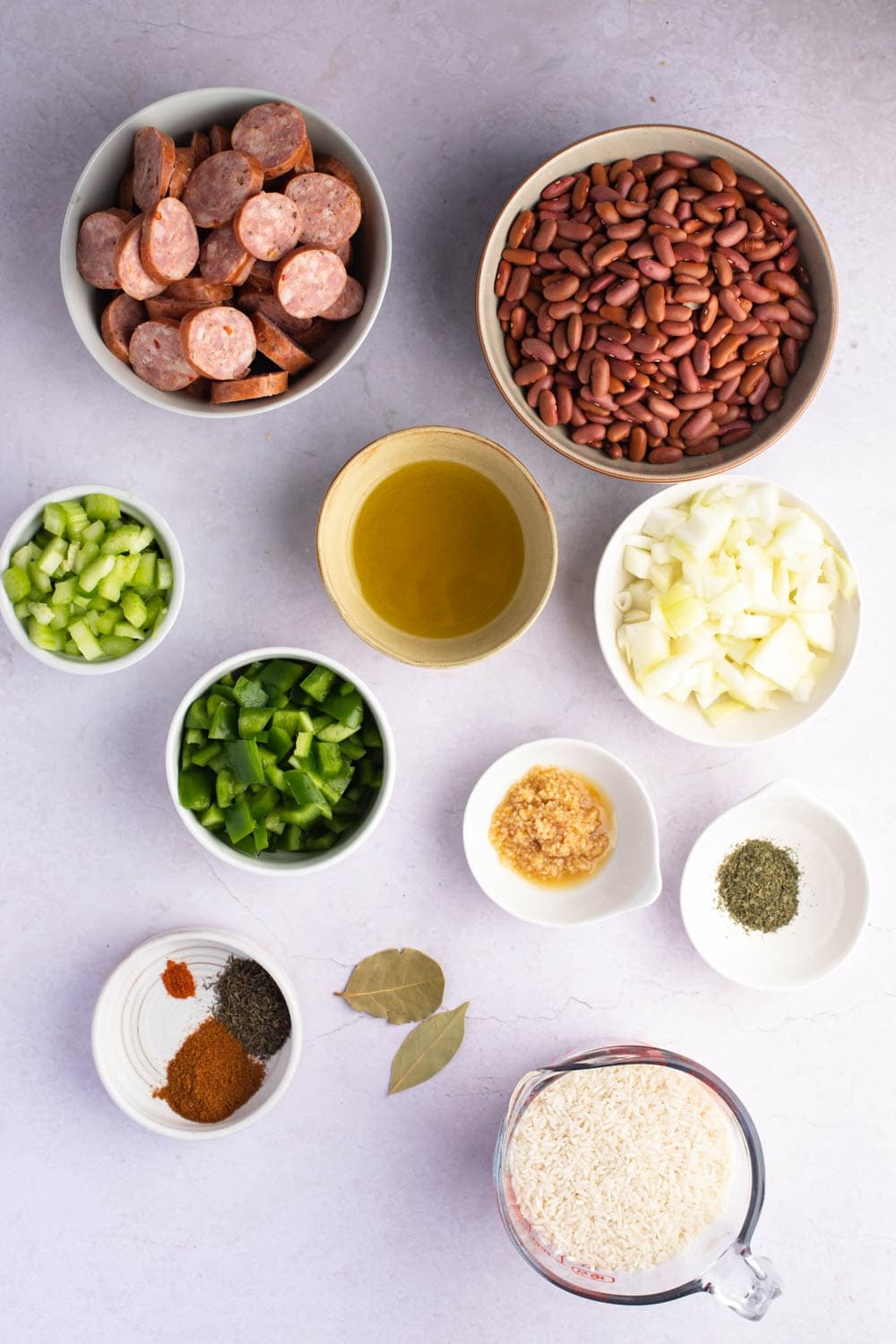 Red Beans and Rice Ingredients - Red Kidney Beans, Olive Oil, Onions, Celery, Garlic, Parsley, Thyme and Sausage