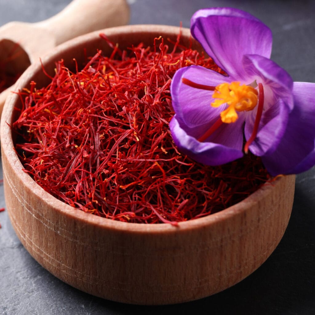 Saffron in a Wooden Bowl with Flower