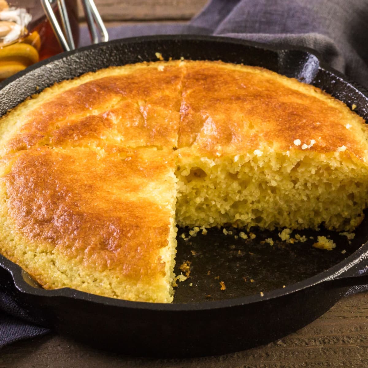 Freshly baked cornbread in a cast iron skillet