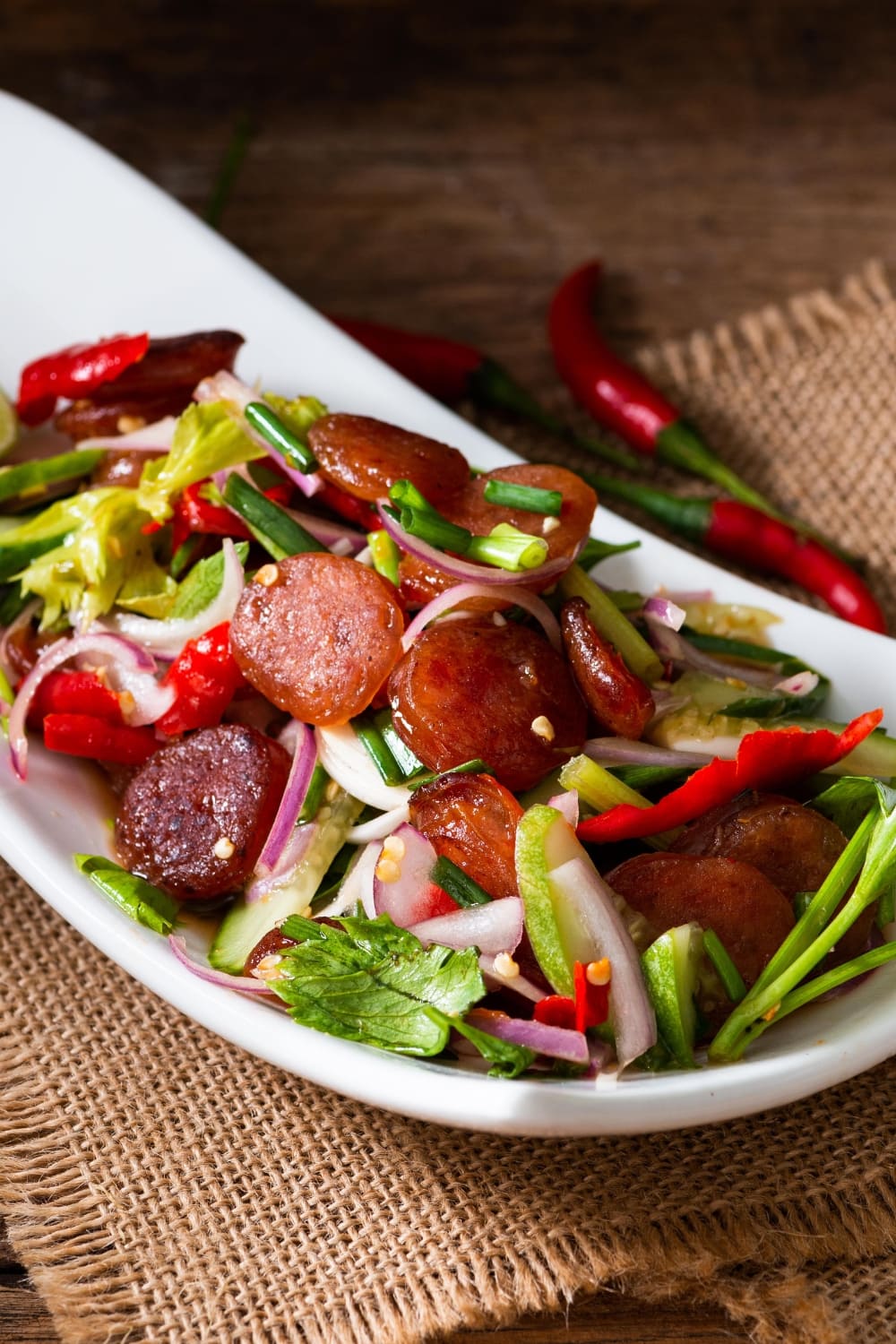 Spicy Chinese Pork Sausage and Vegetable Salad