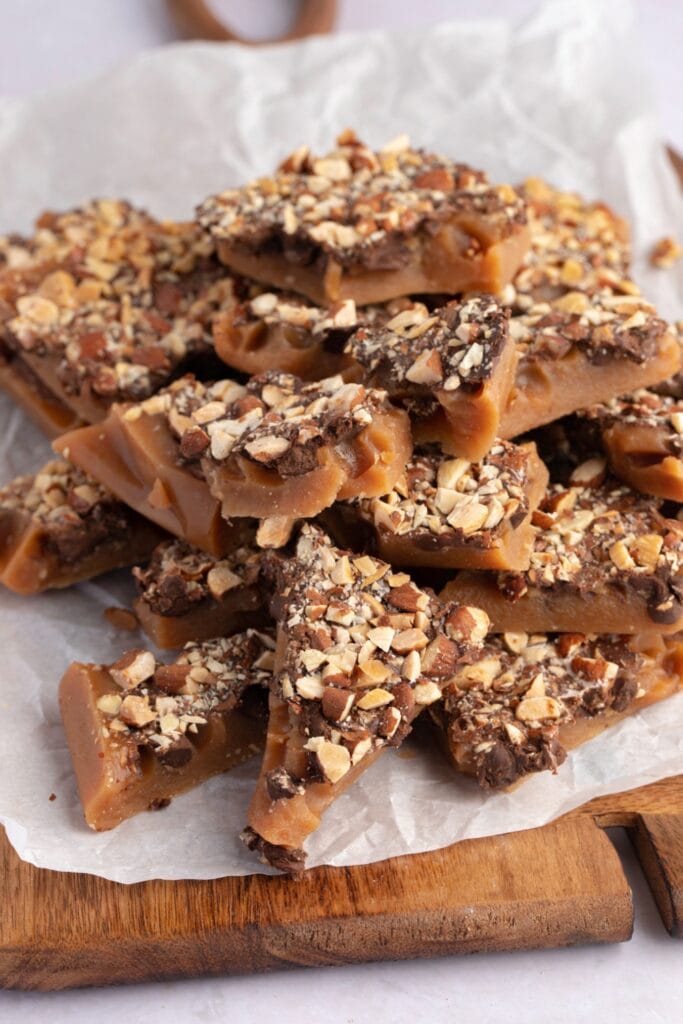 Sweet Homemade Toffee with Chocolate Chips and Almond Nuts