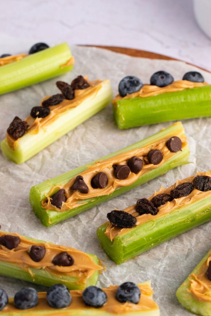 Tasty and Healthy Ants on a Log with Celery, Peanut Butter, Blueberries, Raisins and Chocolate Chips