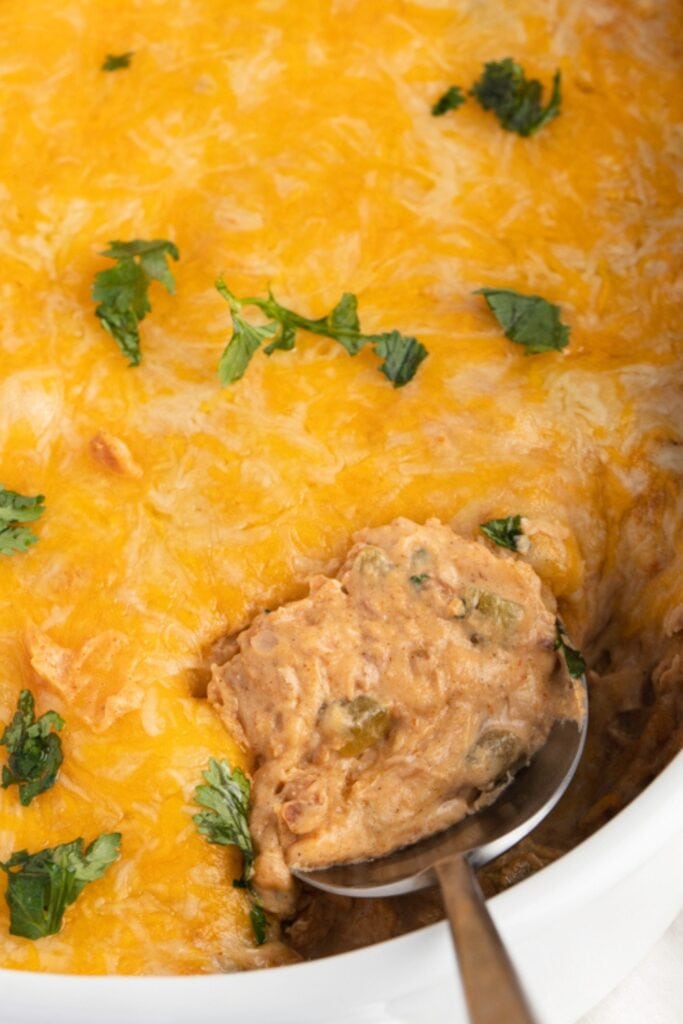 Texas Trash Dip with Creamy Cheese, Refried Beans and Chile