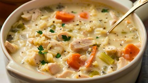 Creamy Chicken Rice Soup in a White Ceramic Bowl with a Spoon