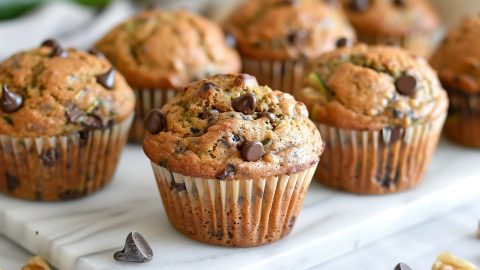 Seven Zucchini Chocolate Chip Muffins on a Marble Cutting Board on a White Marble Table