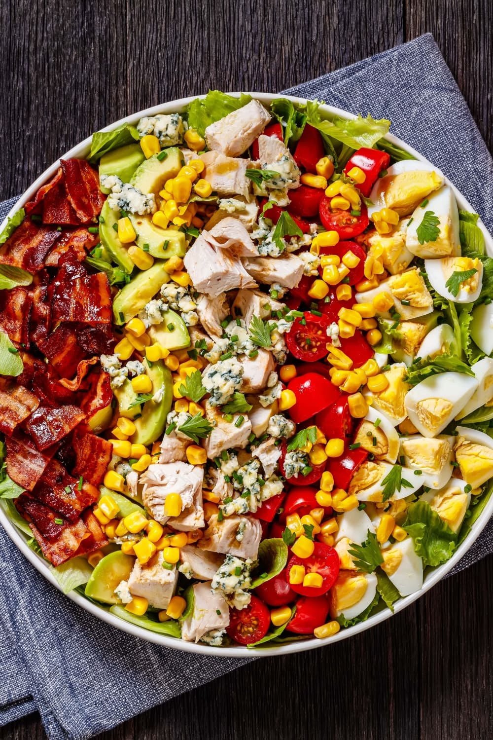 American Salad with Chicken, Corn, Sliced Egg, Tomatoes and Bacon