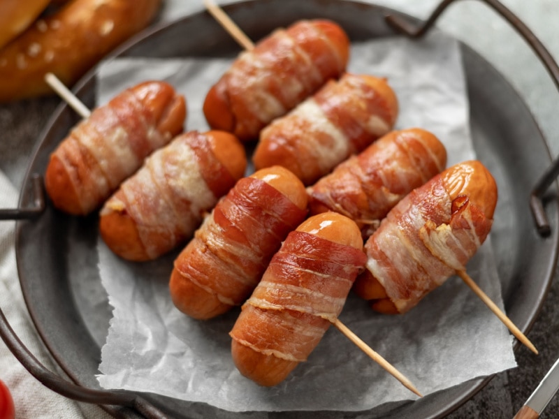 Bacon-Wrapped Smoked Sausage on Sticks