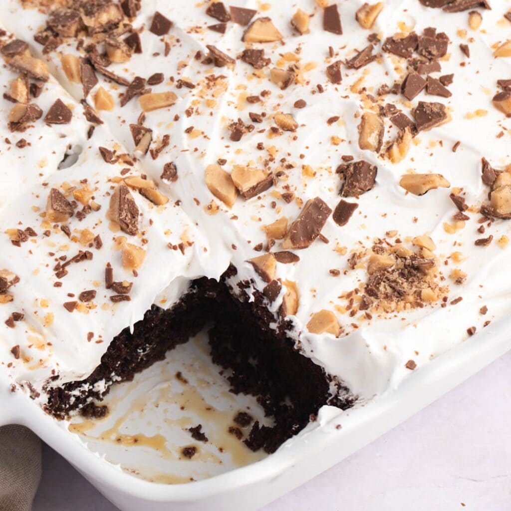 Better Than Sex Chocolate Cake with Toffee Bits and Whipped Cream