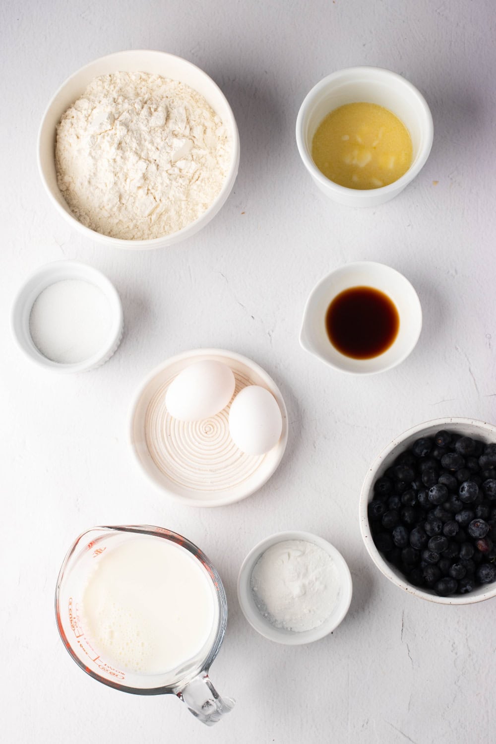 Ingredients shot of blueberries, milk, sugar, waffle mix and vanilla.